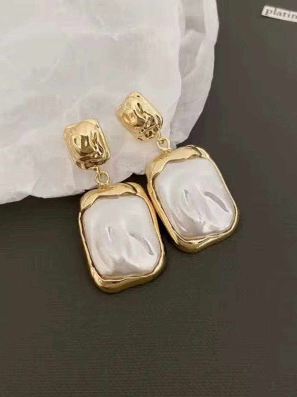 *** Chunky Gold Drop Earrings with Iridescent White Pearl Accent
